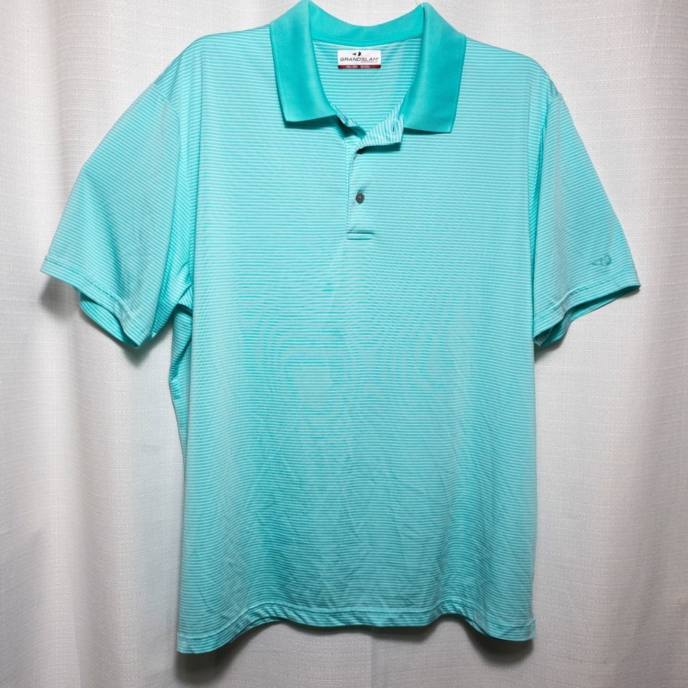 Mens Performance Polo Shirt XXL Aqua Mint Green Striped Golf Short Sleeve Active